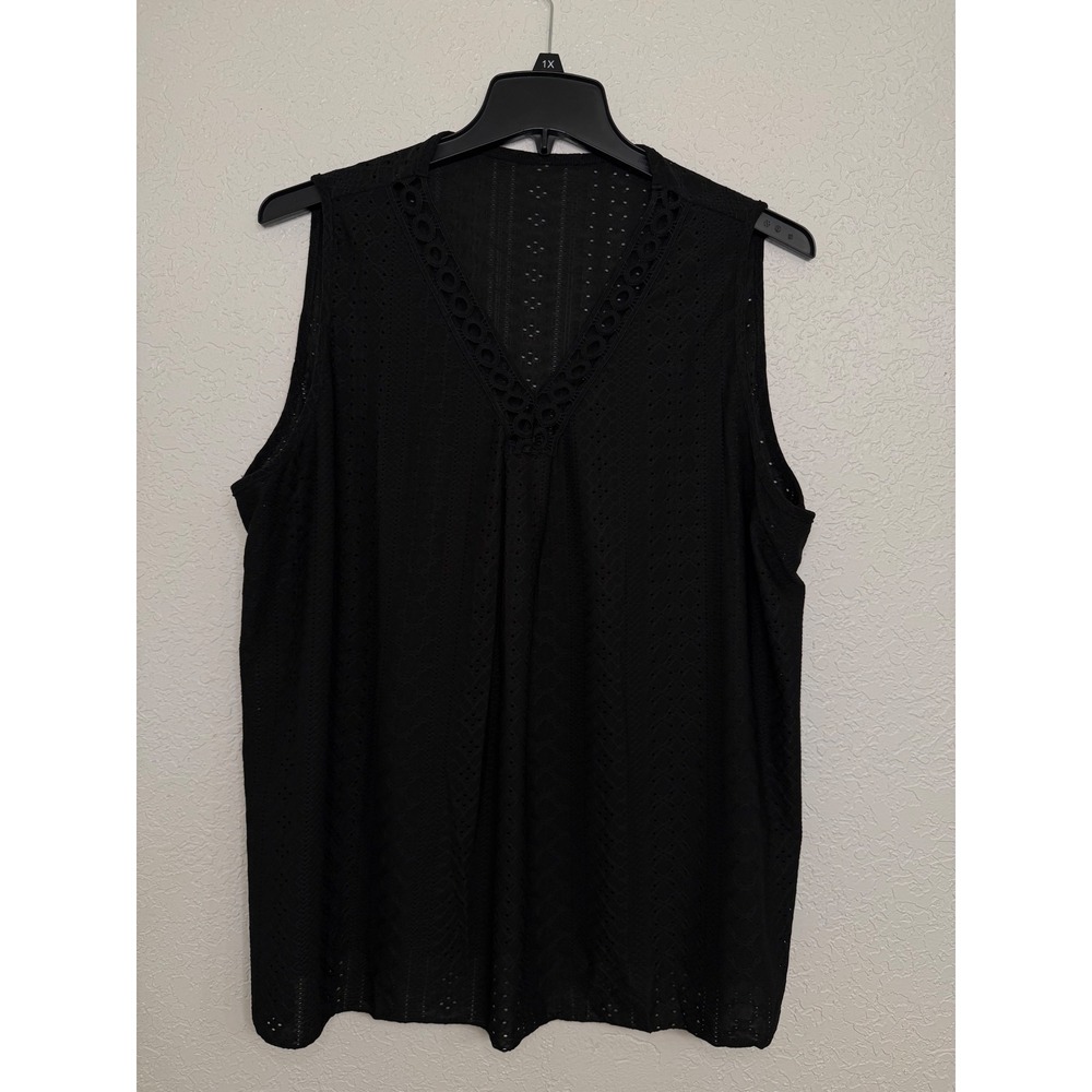 Black Pointelle Eyelet Sleeveless V-Neck Lace Trim‎ Blouse Top Plus Size 5XL